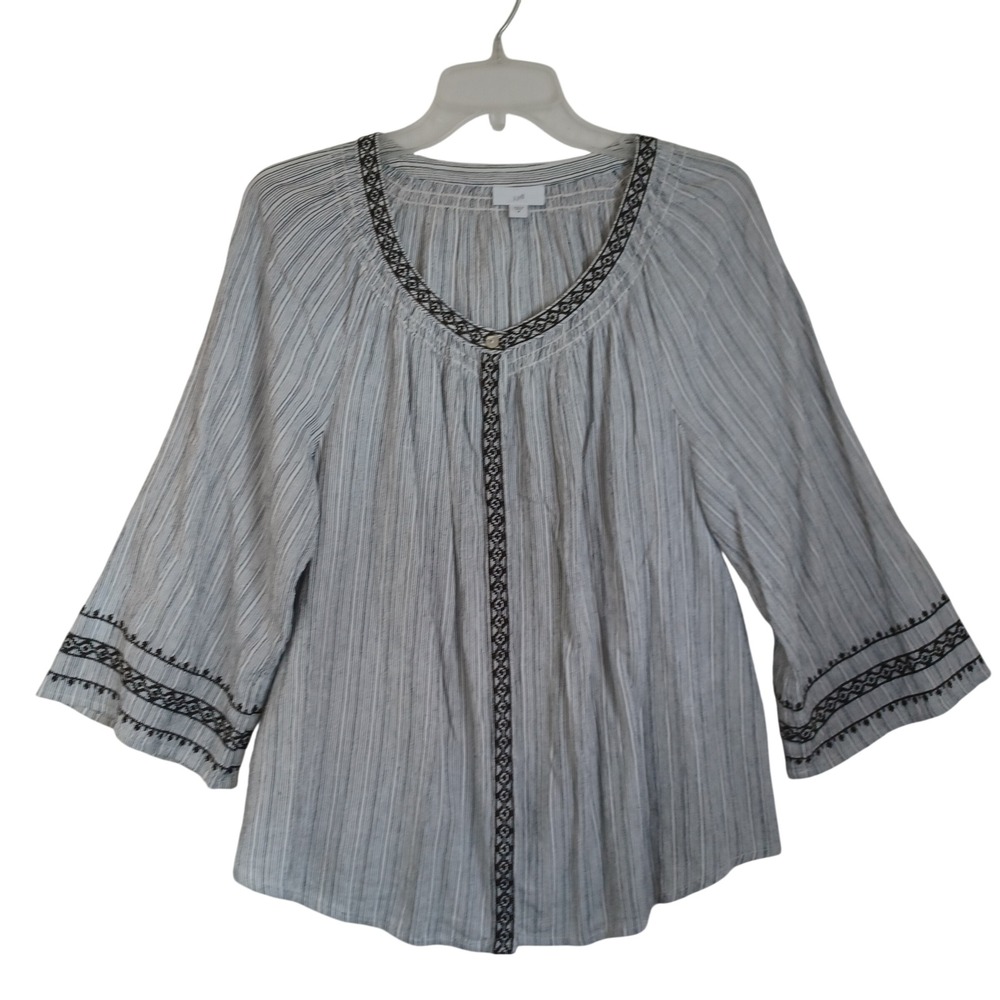 J. Jill Womens Medium Black White Pinstripe Embroidered Cotton Gauze Peasant Top